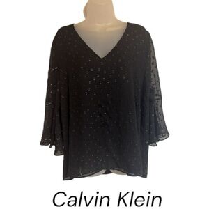 Calvin Klein Black V-Neck Blouse w/Shimmer XLARGE #G